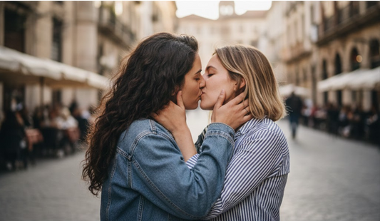 Mujeres celebrando su amor libremente en Europa con PIN PAN PUM, juego de cartas para parejas