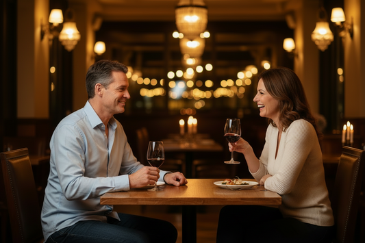 pareja de mediana edad tomando juntos una copa de vino y planeando jugar luego a la baraja para adultos PIN PAN PUM 