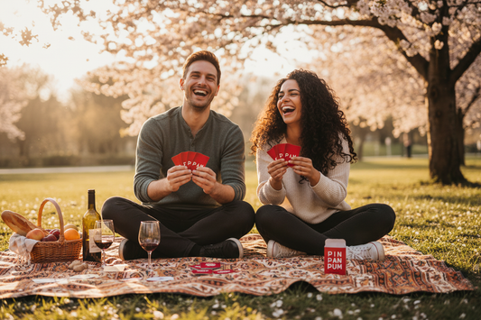 Pareja disfrutando la primavera jugando con PIN PAN PUM, juego de cartas para parejas
