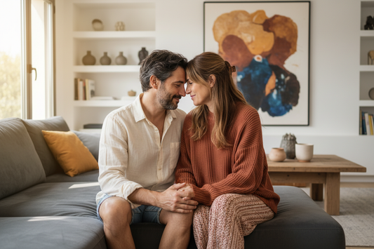 Pareja en casa conectando con PIN PAN PUM, juego de cartas para parejas